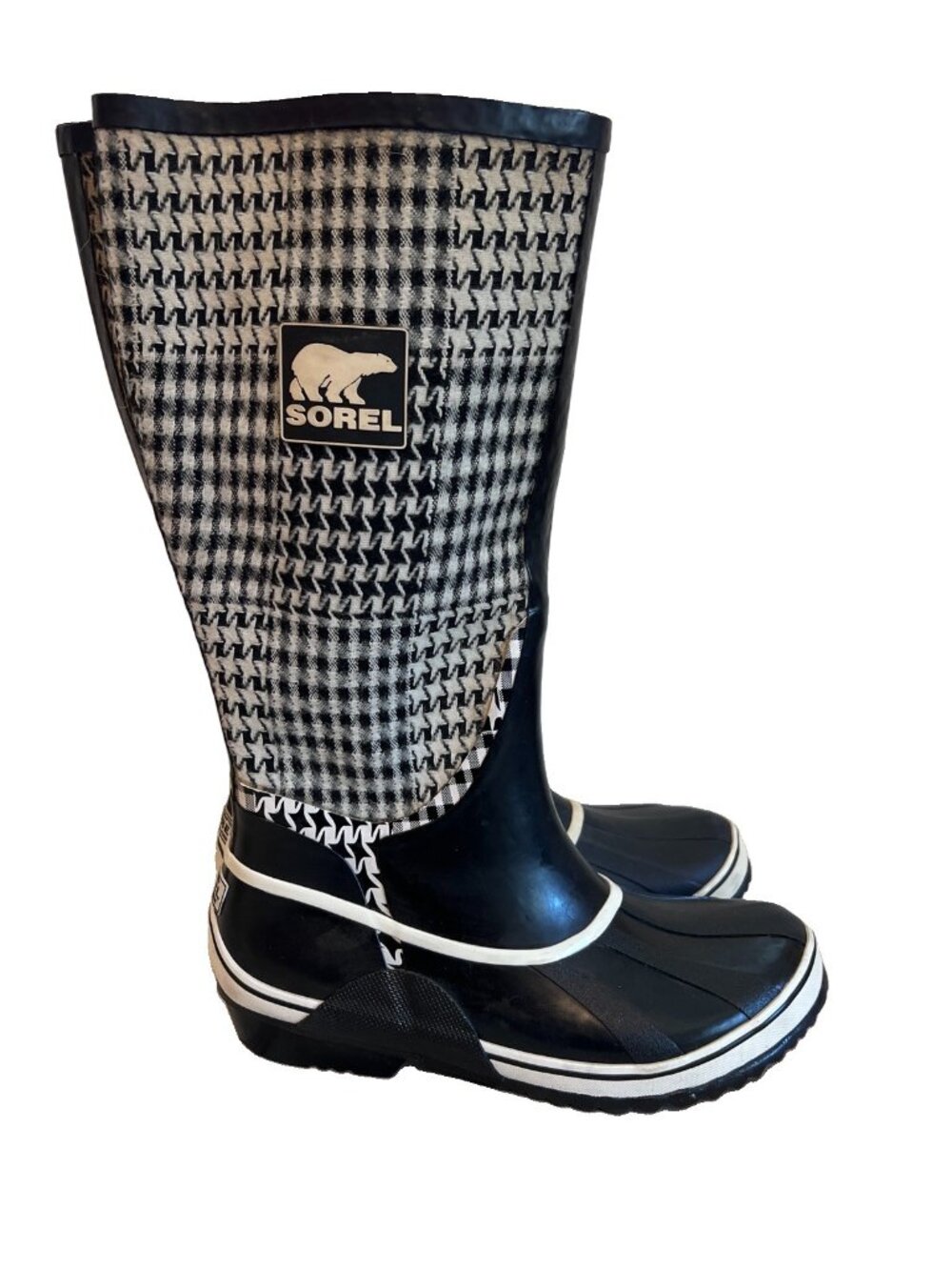 SOREL Houndstooth Rubber Rain Boots Black White Tall Duck Boots Women's Size 7